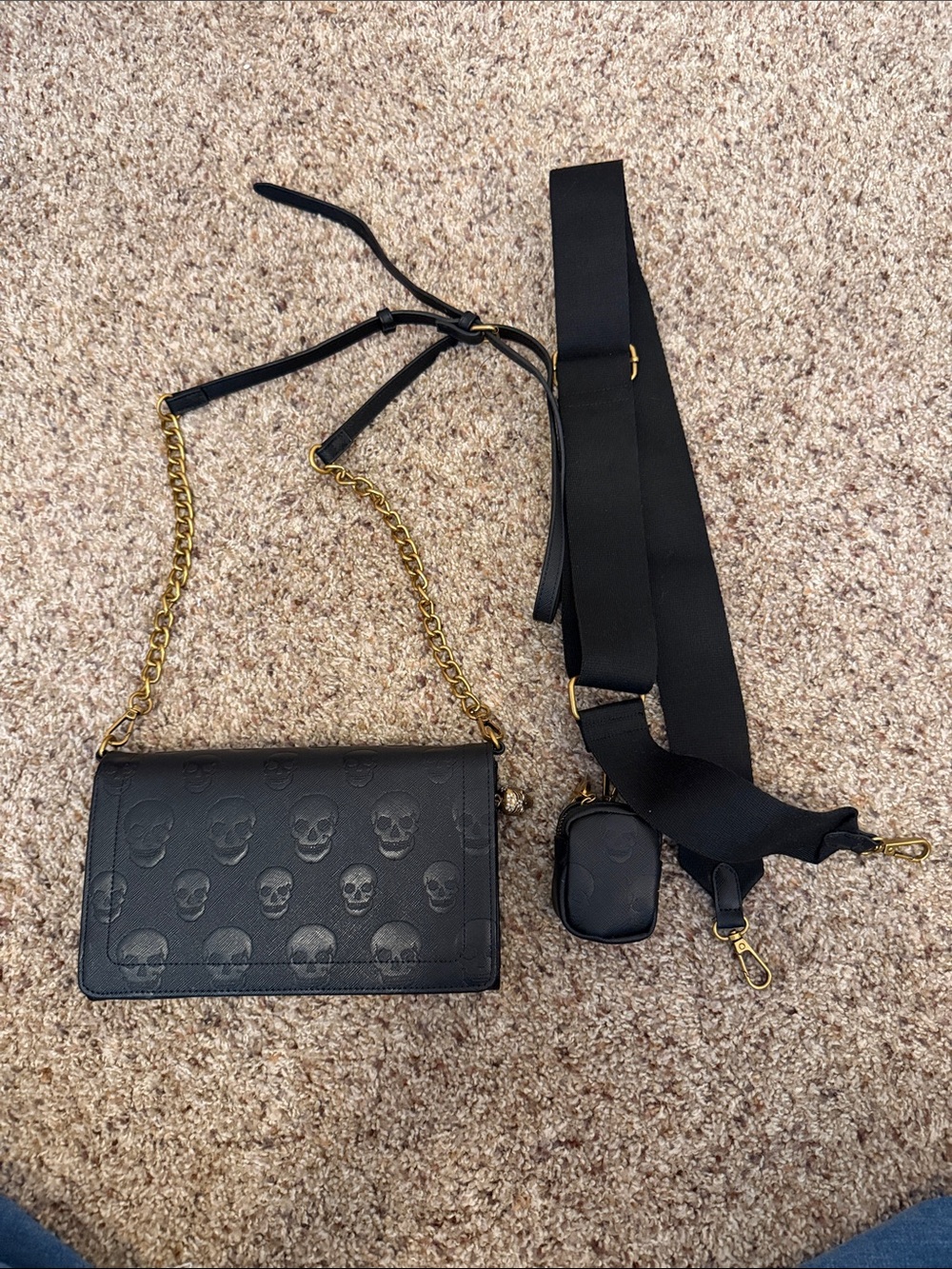 Betsey Johnson Black Embossed Skull Crossbody with interchangeable straps